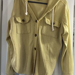 Aerie Light Yellow Waffle Knit Hooded Button-Up Jacket